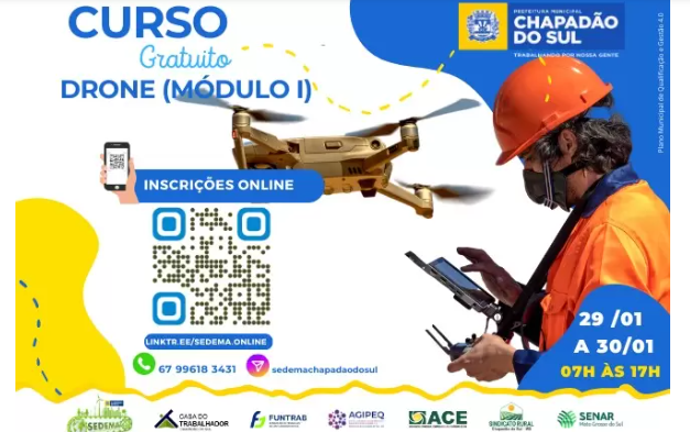Imagem de compartilhamento para o artigo Chapadão do Sul oferce curso gratuito de pilotagem de drones da MS Todo dia